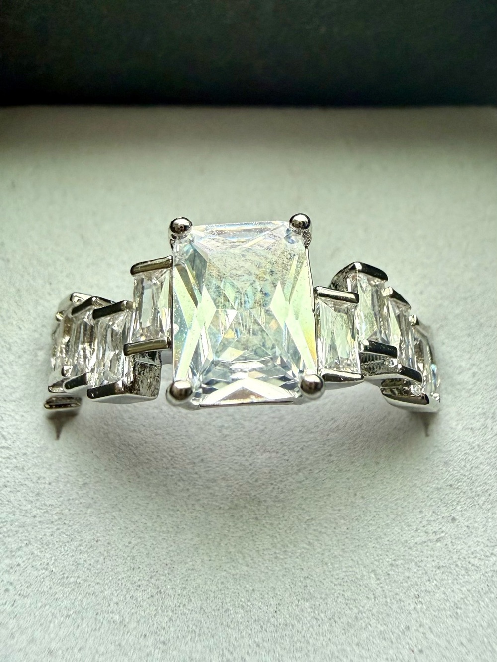 NEW!!Classic 14k White Gold-Plated Emerald Cut CZ Engagement Ring 7 or 8